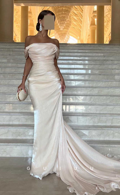 G4526 - Elegant Mermaid 0ff-Shoulder White Pleats Prom Party Dress with Court Train
