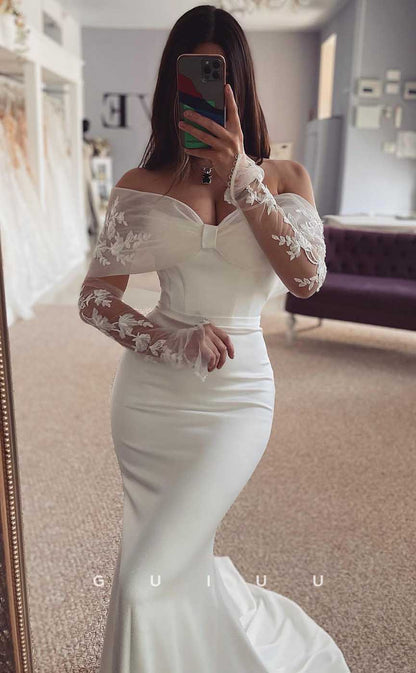 GW812 - Elegant Off-Shoulder Long Sleeves Lace Stain Mermaid Wedding Dress with Court Train