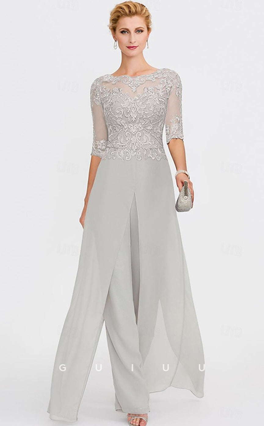 GM020 -  Elegant Pantsuit Scoop Neck Sequines Half Sleeves Ankle Length Chiffon Formal Wedding Guest Mother of the Bride Dress