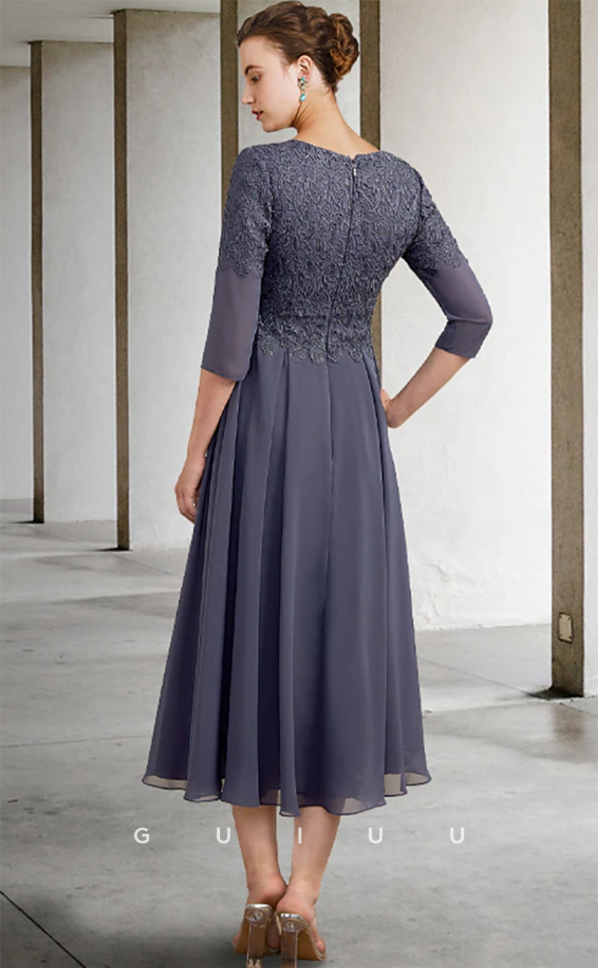 GM010 -  Elegant Plus Size A-Line V Neck 34 Sleeves Appliques Back Zipper Knee Legth Chiffon Mother of the Bride Dress
