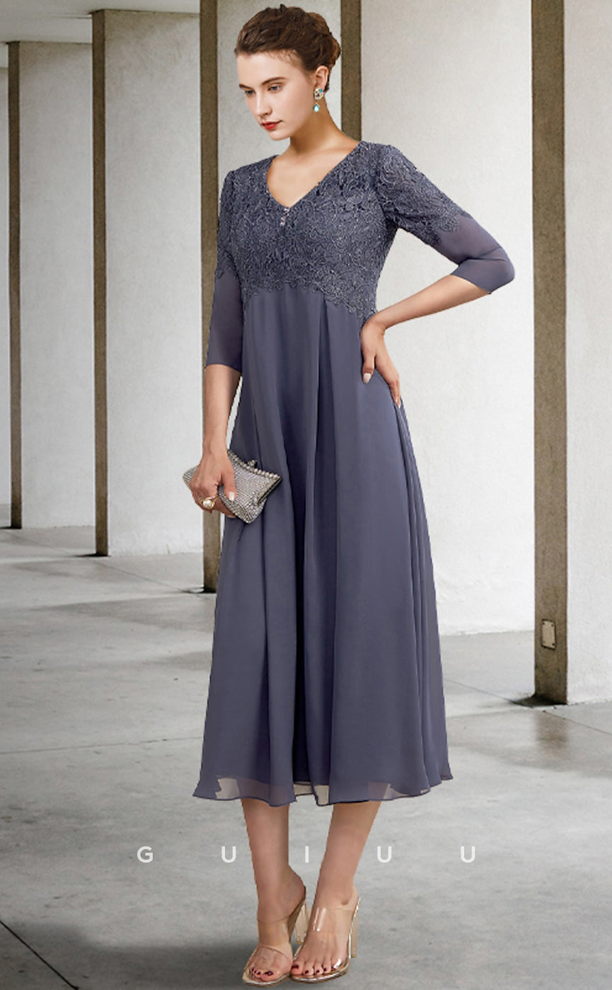 GM010 -  Elegant Plus Size A-Line V Neck 34 Sleeves Appliques Back Zipper Knee Legth Chiffon Mother of the Bride Dress