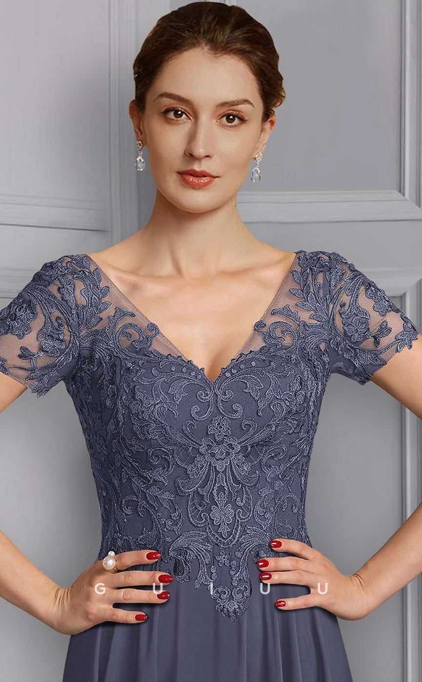 GM017 - Elegant Plus Size A-Line V Neck Short Sleeves Appliques Chiffon Mother of the Bride Dress