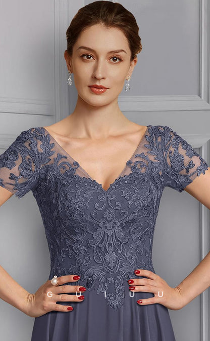 GM017 - Elegant Plus Size A-Line V Neck Short Sleeves Appliques Chiffon Mother of the Bride Dress