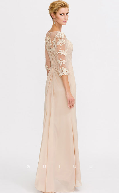 GM011 - Elegant Plus Size Sheath V Neck 34 Sleeves Appliques Pleated Long Chiffon Mother of the Bride Dress