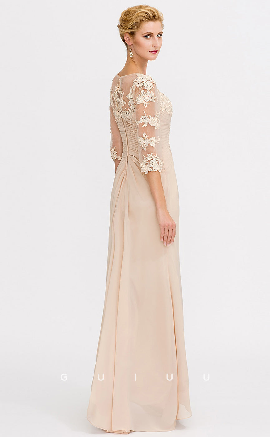 GM011 - Elegant Plus Size Sheath V Neck 34 Sleeves Appliques Pleated Long Chiffon Mother of the Bride Dress