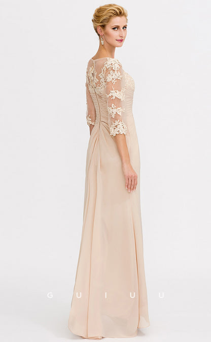 GM011 - Elegant Plus Size Sheath V Neck 34 Sleeves Appliques Pleated Long Chiffon Mother of the Bride Dress