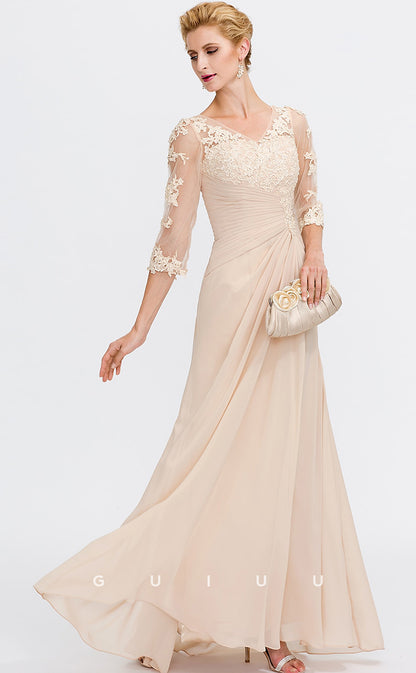 GM011 - Elegant Plus Size Sheath V Neck 34 Sleeves Appliques Pleated Long Chiffon Mother of the Bride Dress