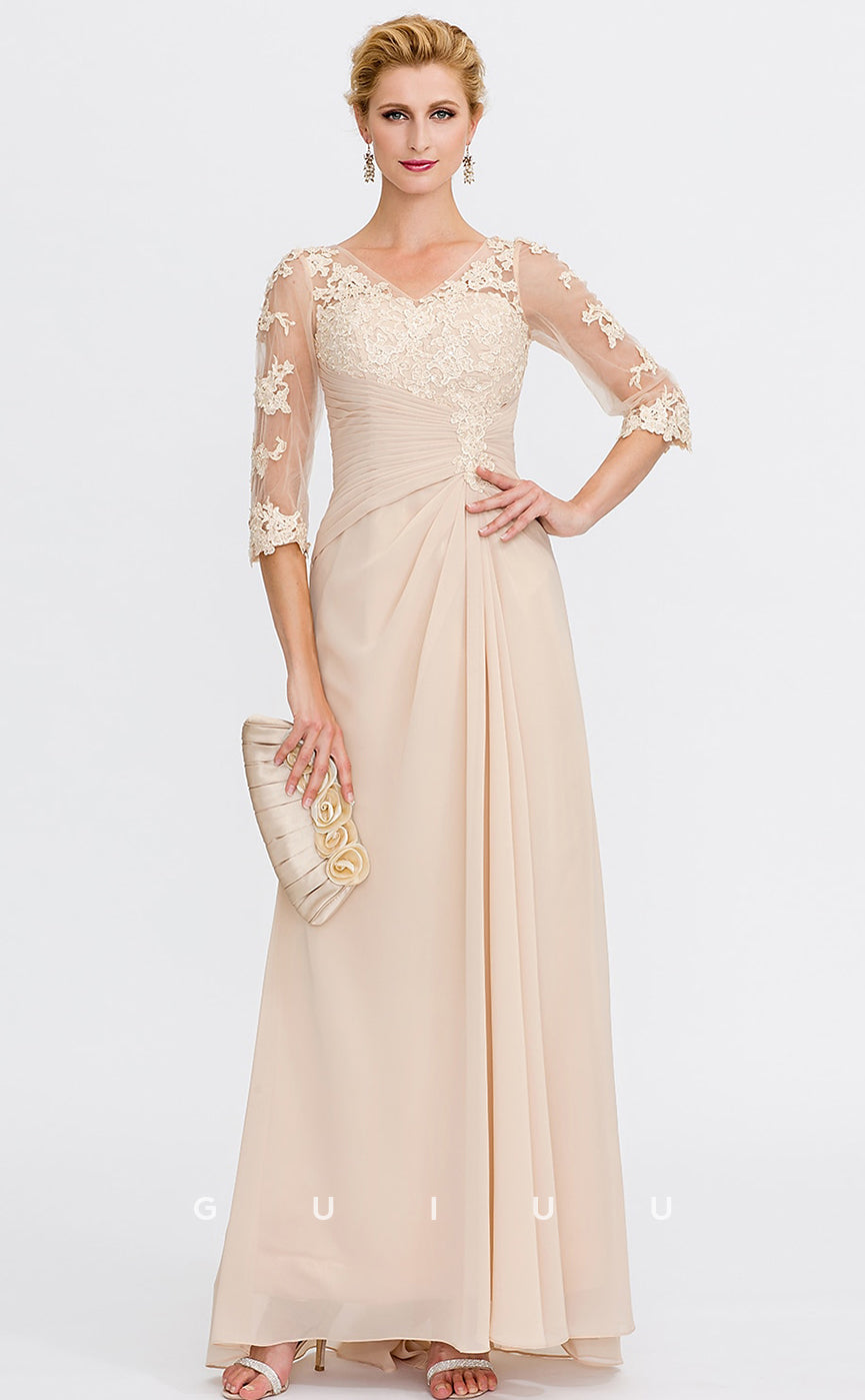GM011 - Elegant Plus Size Sheath V Neck 34 Sleeves Appliques Pleated Long Chiffon Mother of the Bride Dress