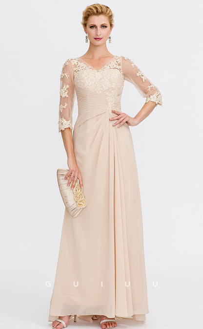 GM011 - Elegant Plus Size Sheath V Neck 34 Sleeves Appliques Pleated Long Chiffon Mother of the Bride Dress