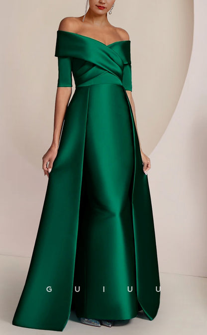GM046 - Elegant Sheath Off Shoulder Floor Length Half Sleeves Back Zipper Satin Ruched Mother of the Bride Dress