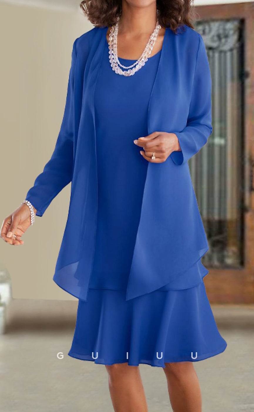 GM035 -  Elegant Sheath Round Neck Knee Length Ruffles Chiffon Mother of the Bride Dress Formal Wedding Guest Gown