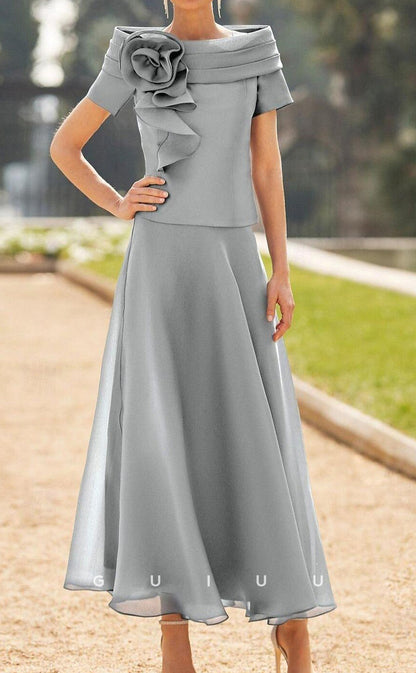 GM031 -  Elegant Sheath Scoop Neck Short Sleeves Flowers Chiffon Mother of the Bride Dress Formal Wedding Guest Gown