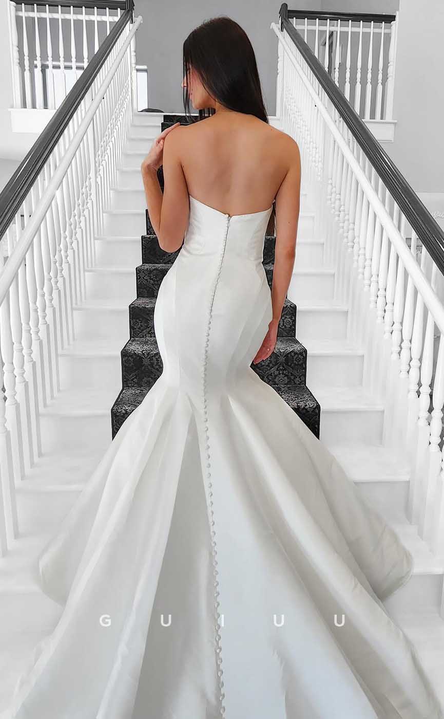 GW856 -  Elegant & Simple Boat Neck Sleeveless Buttons Stain Mermaid Wedding Dress with Train