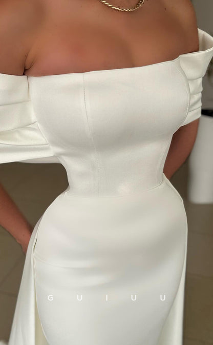 G4027 - Elegant & Timeless Mermaid Off Shoulder White Stain Prom Dress with Slit and Train
