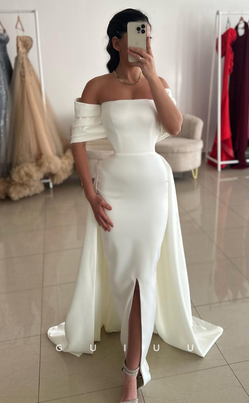 G4027 - Elegant & Timeless Mermaid Off Shoulder White Stain Prom Dress with Slit and Train
