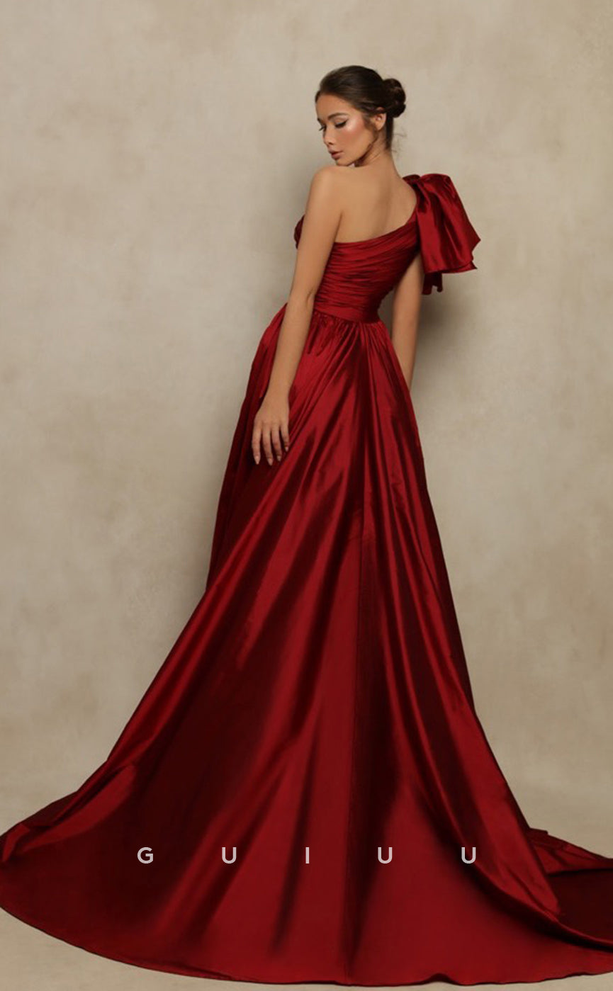 G4671 - Elegant & Timeless Women A-Line One Shoulder Pleats High Side Slit Prom Dress with Train