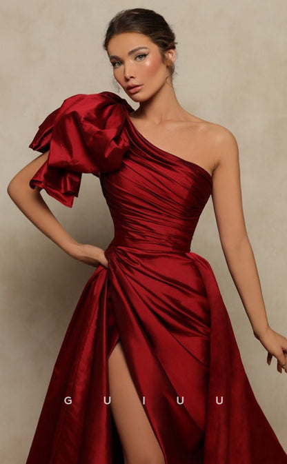 G4671 - Elegant & Timeless Women A-Line One Shoulder Pleats High Side Slit Prom Dress with Train
