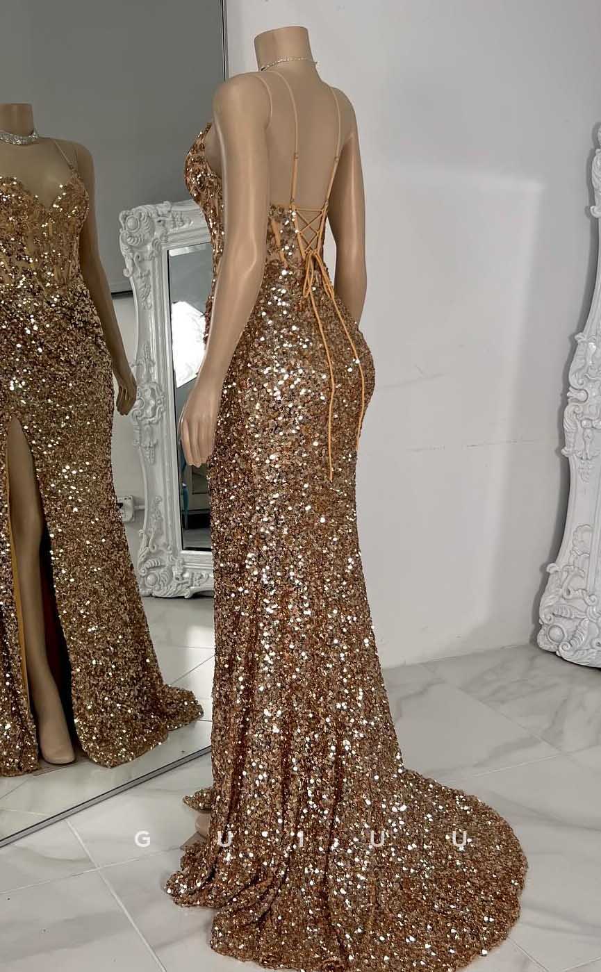 G4565 - Glamorous Mermaid Sheath V N eck Straps Sleeveless Fully Sequined Glitter Prom Dress with Slit and Train