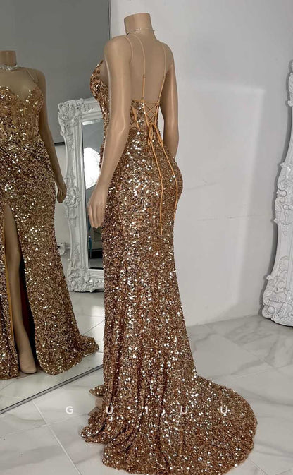 G4565 - Glamorous Mermaid Sheath V N eck Straps Sleeveless Fully Sequined Glitter Prom Dress with Slit and Train