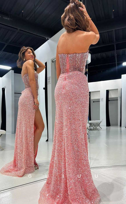 G4443 - Glamorous & Dramatic Column Strapless Pink Allover Beaded Ruched Long Prom Evening Gown with High Slit