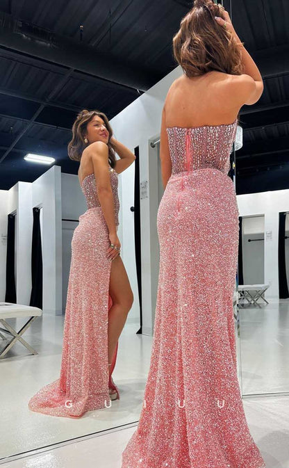G4443 - Glamorous & Dramatic Column Strapless Pink Allover Beaded Ruched Long Prom Evening Gown with High Slit