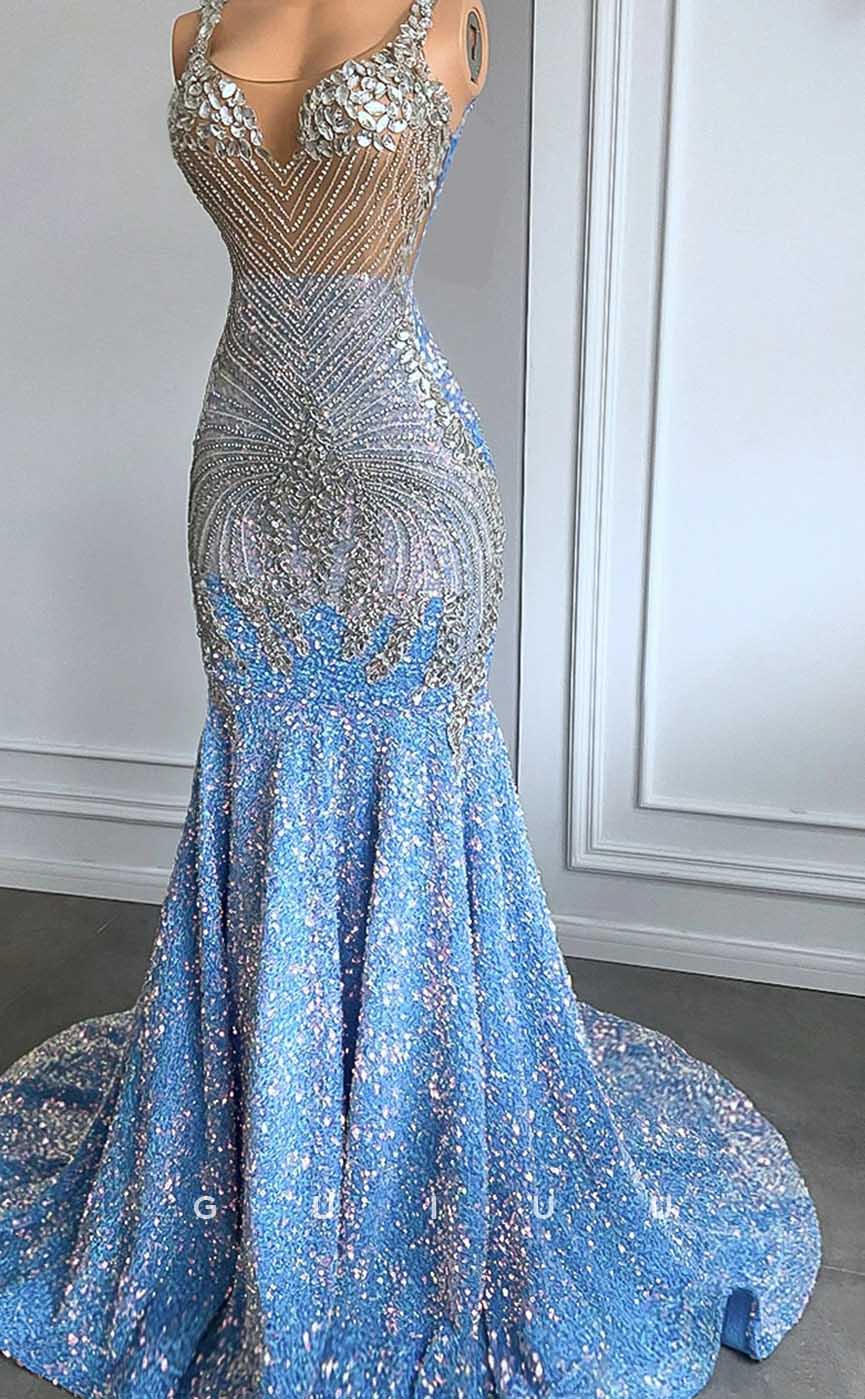 G4583 - Glitter & Glamorous Mermaid V Neck Sleeveless Fully Sequined Prom Party Gown with Train