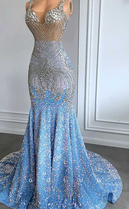 G4583 - Glitter & Glamorous Mermaid V Neck Sleeveless Fully Sequined Prom Party Gown with Train