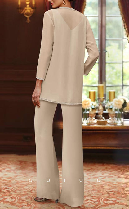 GM058 - Jumpsuit 3 Pieces Floor Length Sleeveless Back Zipper Sequined Chiffon Mother of the Bride Dress with Wrap