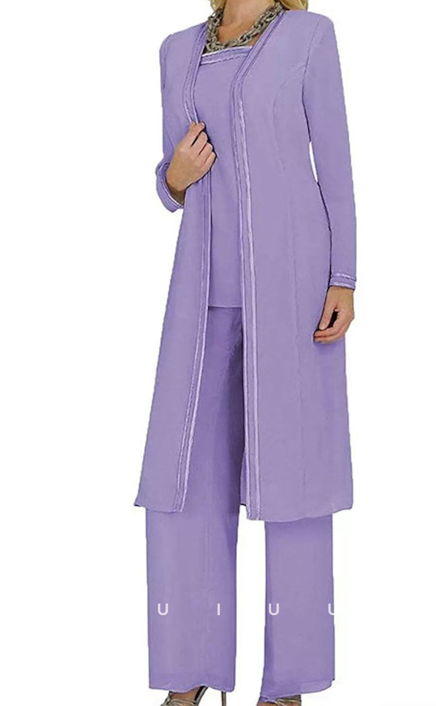 GM096 - Jumpsuit Square Neck Floor Length Chiffon Long Sleeves Mother of the Bride Dress