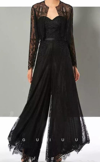GM131 - Jumpsuit  Sweetheart Floor Length Lace Long Sleeves Chiffon Lace  Mother of the Bride Dress