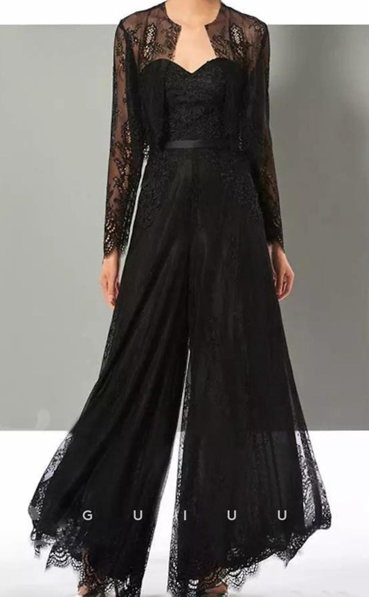 GM131 - Jumpsuit  Sweetheart Floor Length Lace Long Sleeves Chiffon Lace  Mother of the Bride Dress