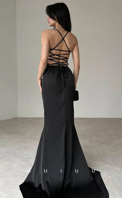 G4045 - Mermaid Halter Sleeveless Black Stain Pleats Open Back Prom Party Dress with Train