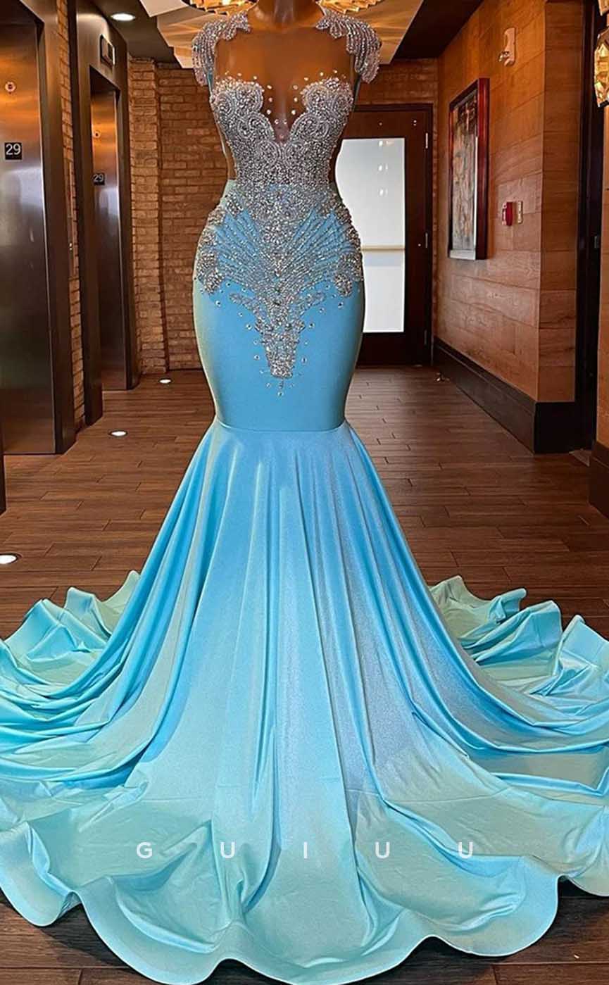 G4593 - Mermaid Illsion Crystal Court Train Prom Dress Party Gown for Black Girl Slay