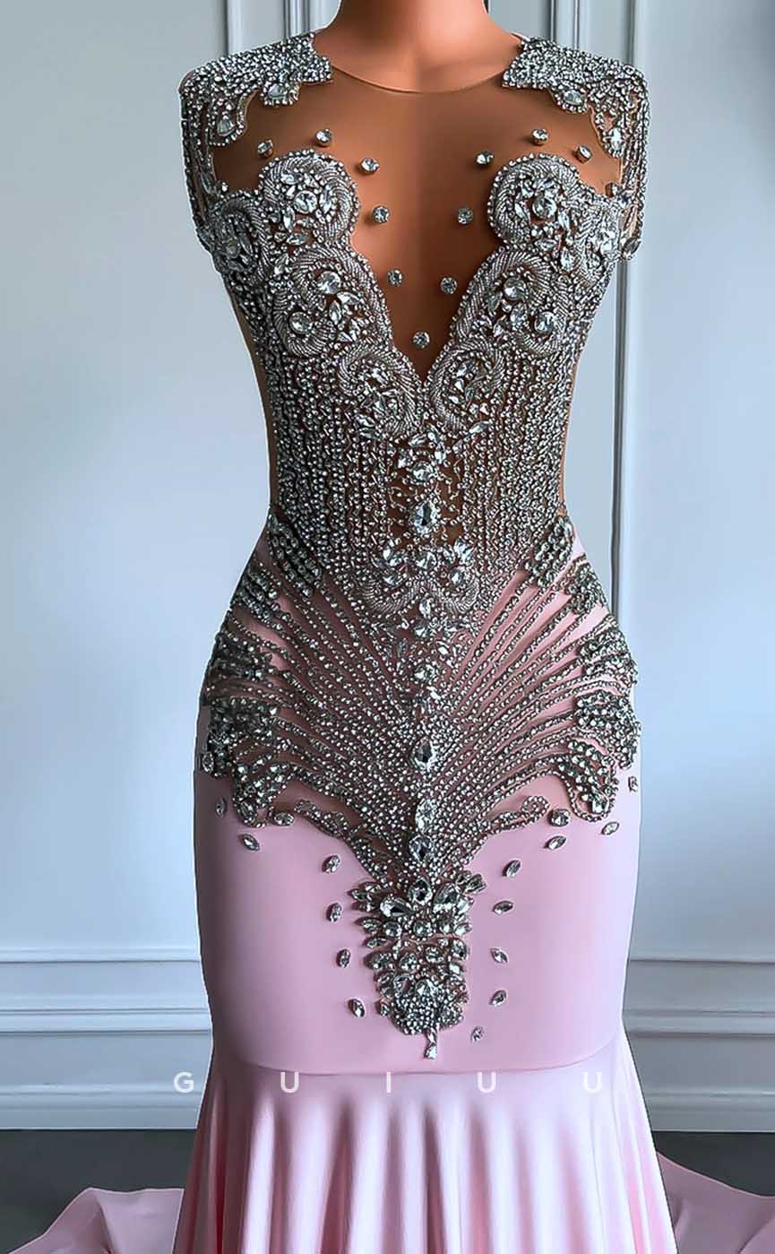 G4584 -  Mermaid Illsion Sleeveless Beaded and Crystal Pink Prom Dress with Court Train