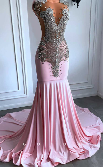 G4584 -  Mermaid Illsion Sleeveless Beaded and Crystal Pink Prom Dress with Court Train