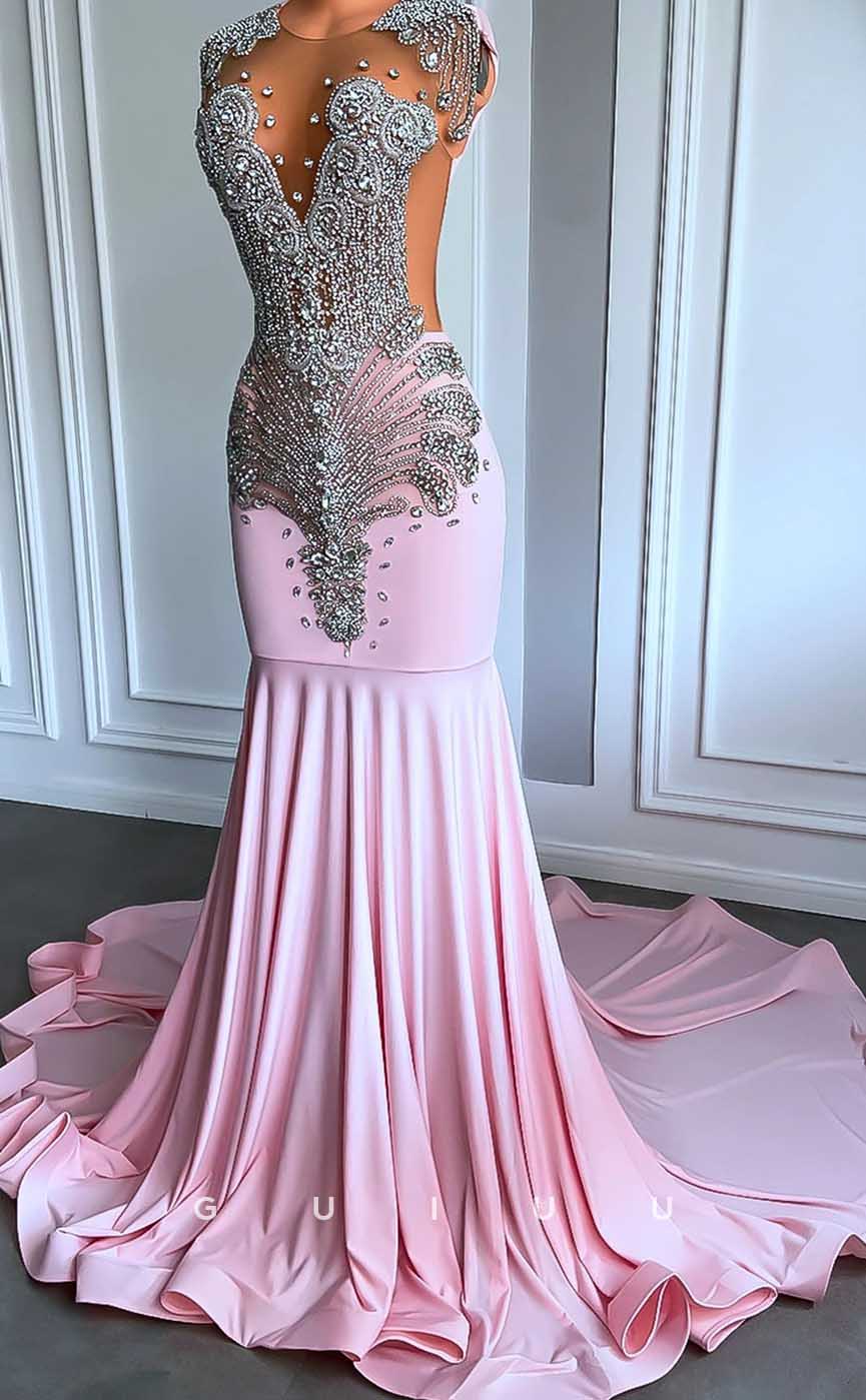 G4584 -  Mermaid Illsion Sleeveless Beaded and Crystal Pink Prom Dress with Court Train