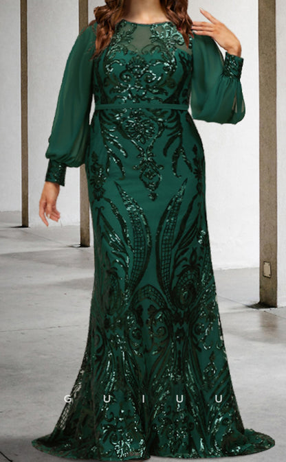 GM122 - Mermaid Jewel Neck Long Sleeves Appliques Chiffon Mother of the Bride Dress