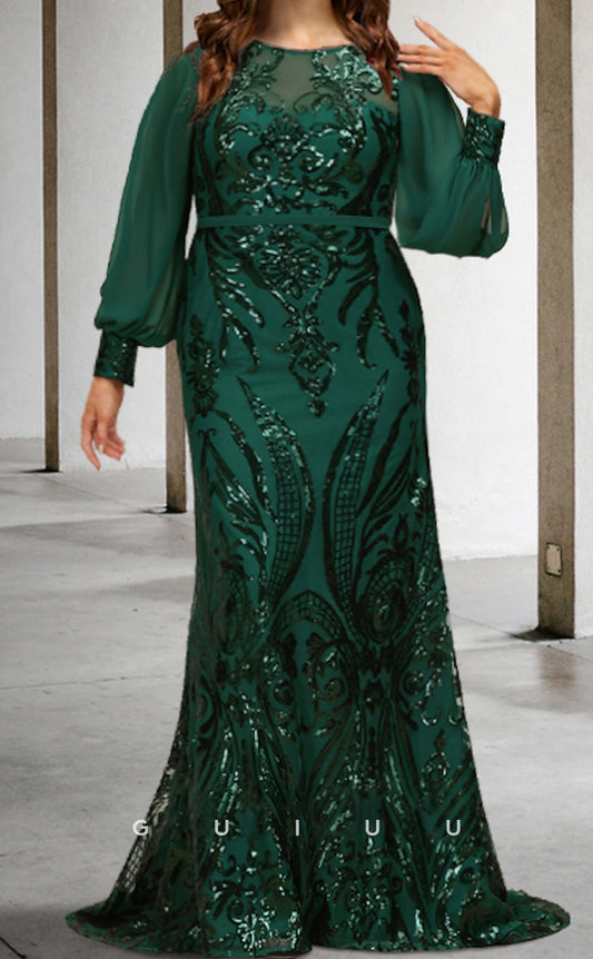 GM122 - Mermaid Jewel Neck Long Sleeves Appliques Chiffon Mother of the Bride Dress