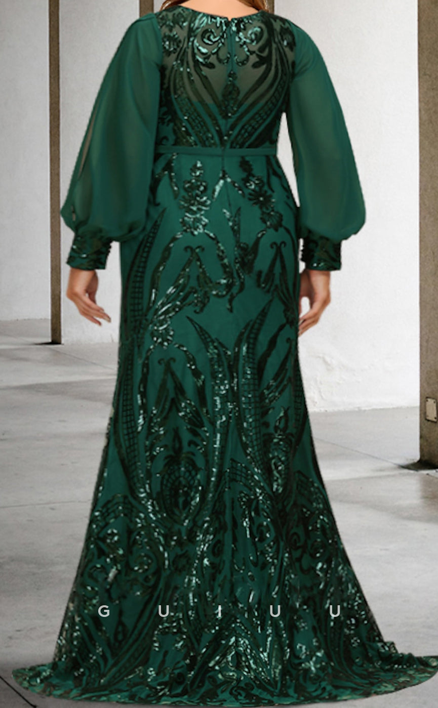 GM122 - Mermaid Jewel Neck Long Sleeves Appliques Chiffon Mother of the Bride Dress