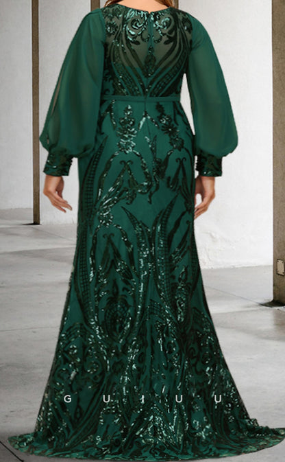 GM122 - Mermaid Jewel Neck Long Sleeves Appliques Chiffon Mother of the Bride Dress