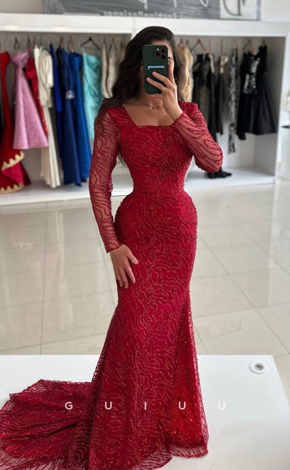 G4187 - Mermaid Square Long Sleeves Fully Sequined Beaded Tulle Long Prom Party Dress with Train