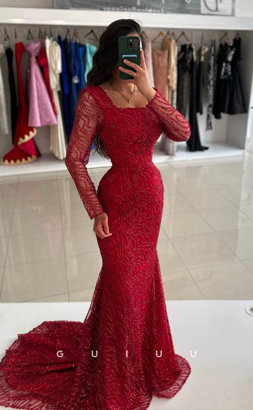 G4187 - Mermaid Square Long Sleeves Fully Sequined Beaded Tulle Long Prom Party Dress with Train