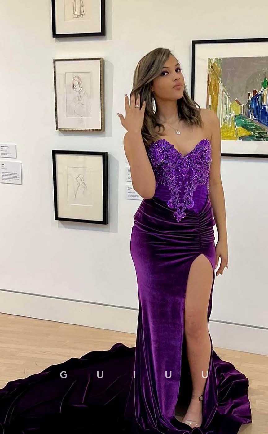 G4572 -  Mermaid Strapless Sleeveless Appliques Purple Velvet Pleats High Side Slit ang Court Train Prom Dress for Black Women Slay