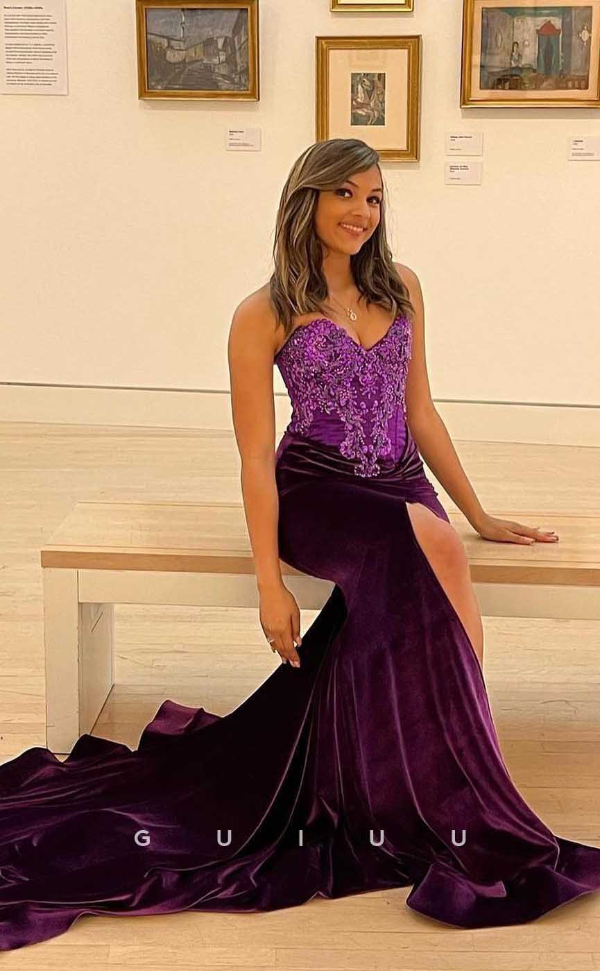 G4572 -  Mermaid Strapless Sleeveless Appliques Purple Velvet Pleats High Side Slit ang Court Train Prom Dress for Black Women Slay