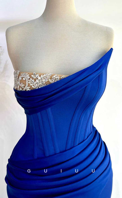 G4548 -  Mermaid Strapless Sleeveless Blue Stain Pleats High Side Slit Prom Formal Gown