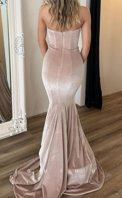 G3719 - Mermaid Strapless Sleeveless Velvet Long Prom Dress with Train
