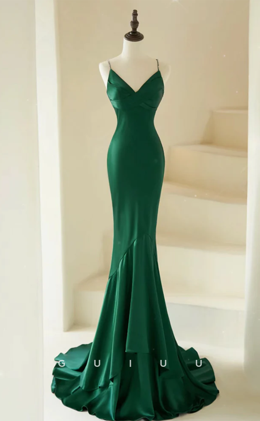 G4643 -Mermaid V Neck Straps Sleeveless Criss-Cross Straps Prom Formal Dress with Train