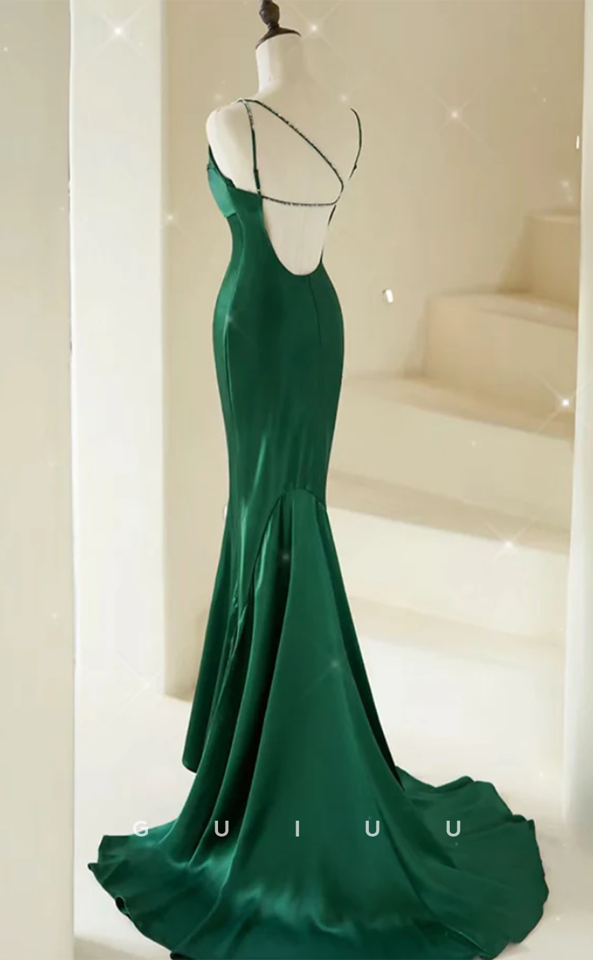 G4643 -Mermaid V Neck Straps Sleeveless Criss-Cross Straps Prom Formal Dress with Train