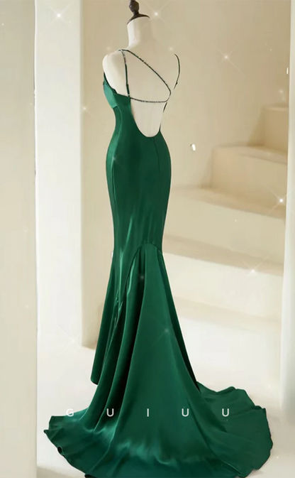 G4643 -Mermaid V Neck Straps Sleeveless Criss-Cross Straps Prom Formal Dress with Train