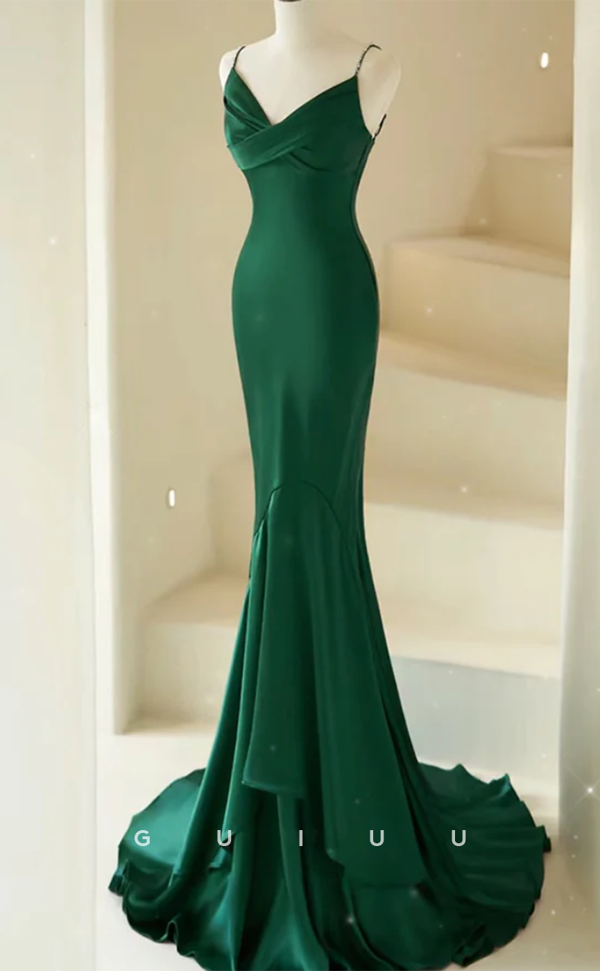 G4643 -Mermaid V Neck Straps Sleeveless Criss-Cross Straps Prom Formal Dress with Train